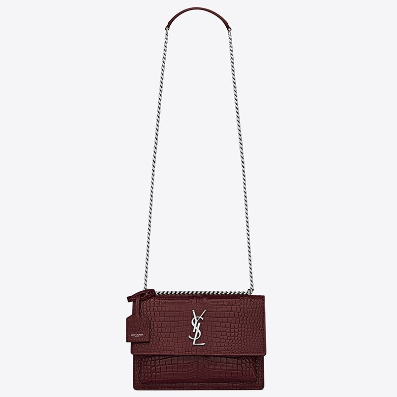 Sa**t Lau*nt sunset medium bag in bordeaux crocodile embossed leather