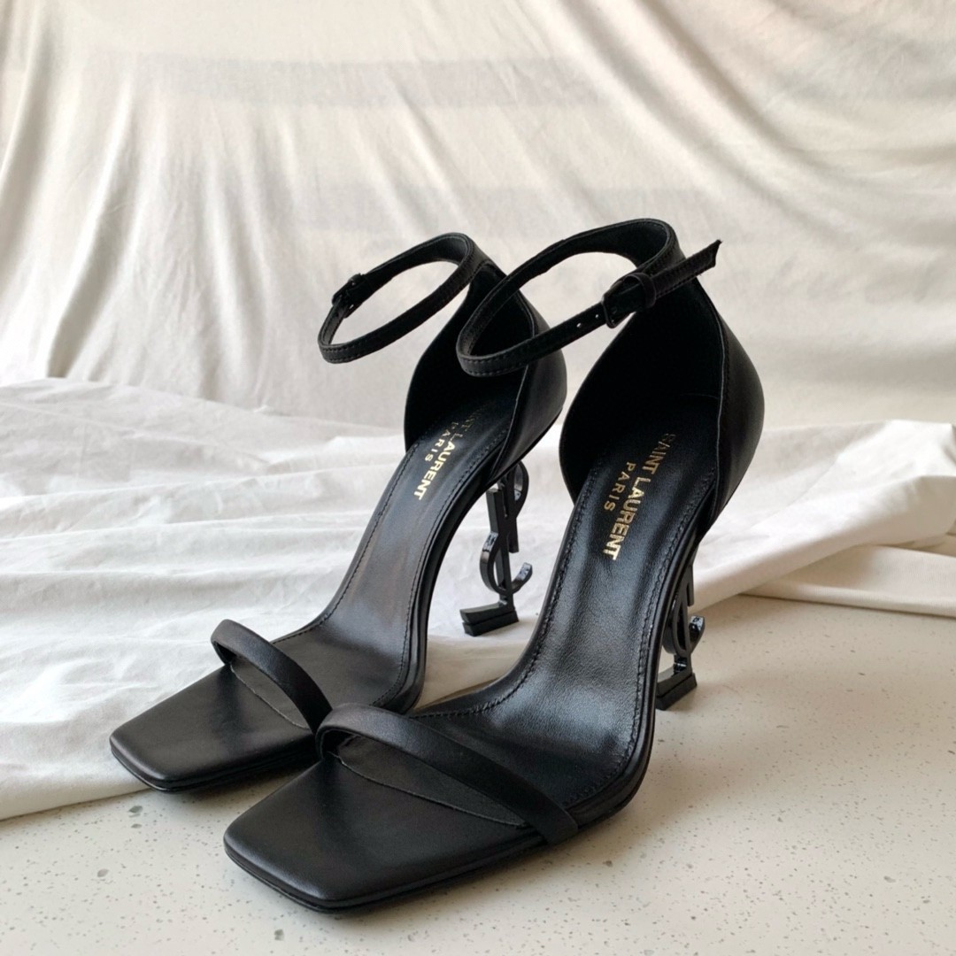Sa**t Lau*nt opyum 85mm sandals in black leather with black y*l heel