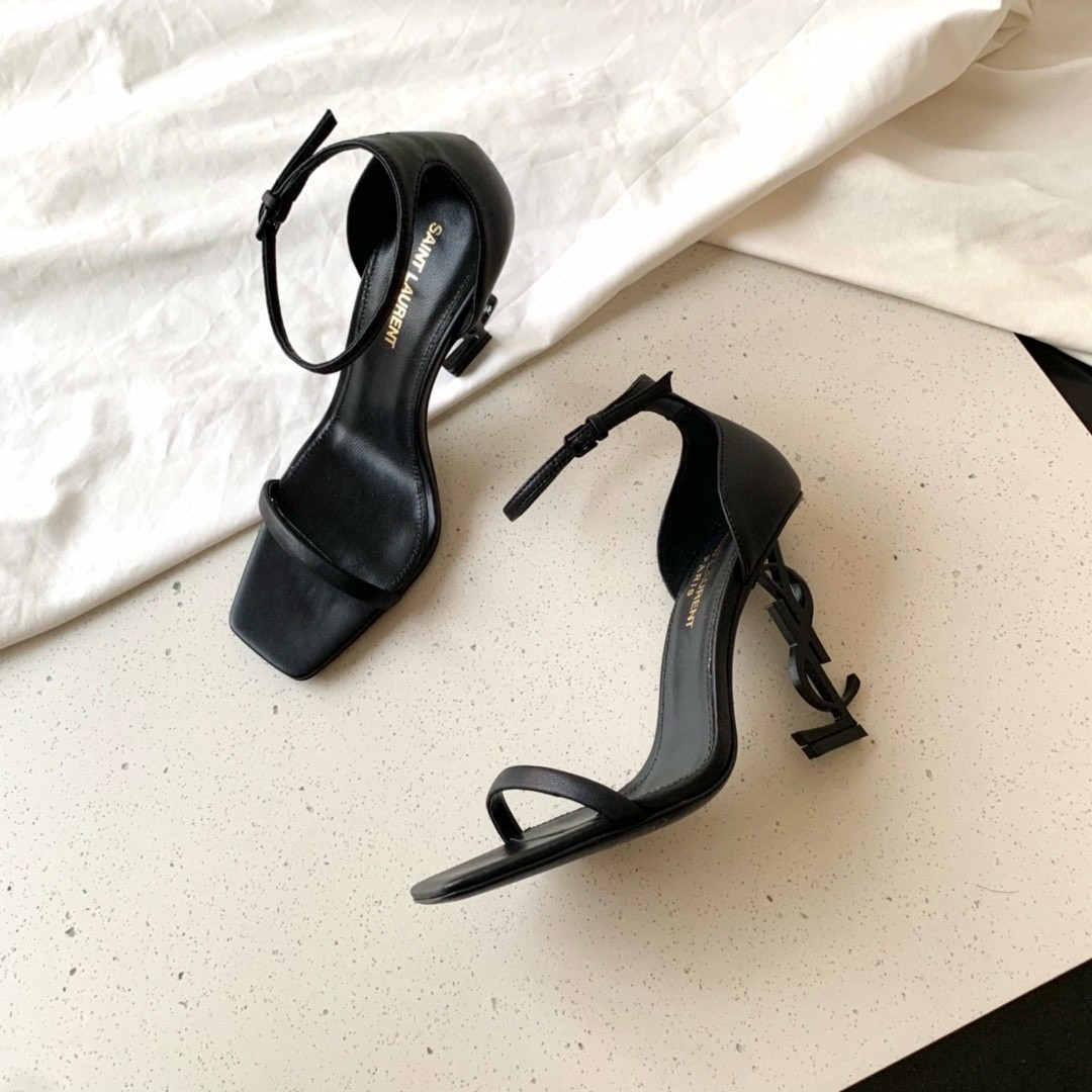 Sa**t Lau*nt opyum 85mm sandals in black leather with black y*l heel