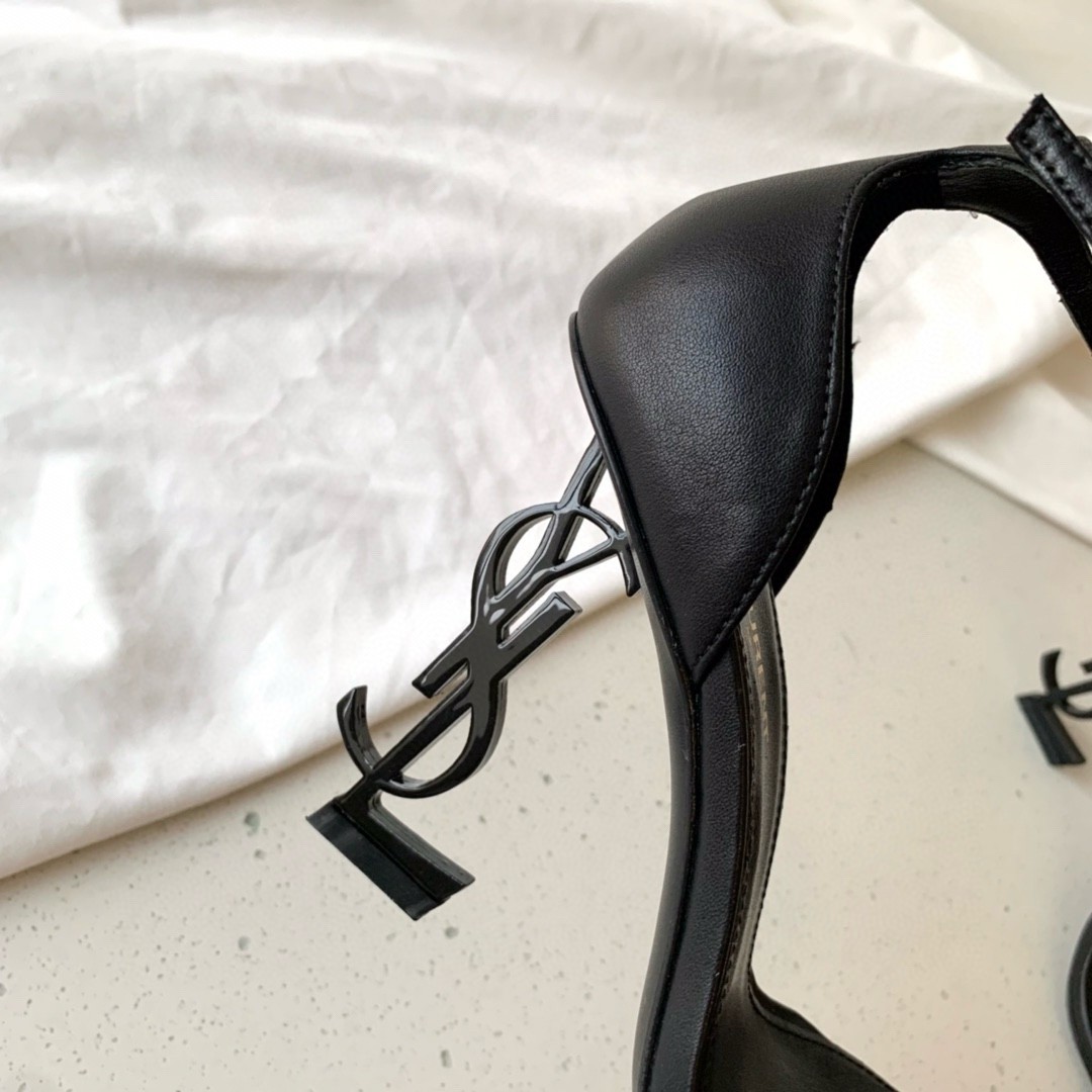 Sa**t Lau*nt opyum 85mm sandals in black leather with black y*l heel