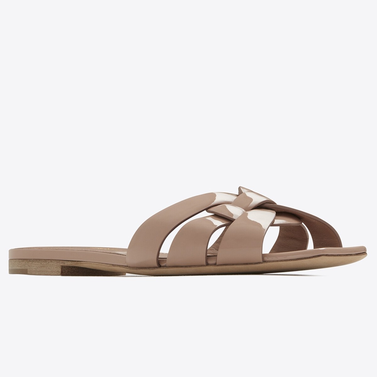 Sa**t Lau*nt tribute slides in dark beige patent leather