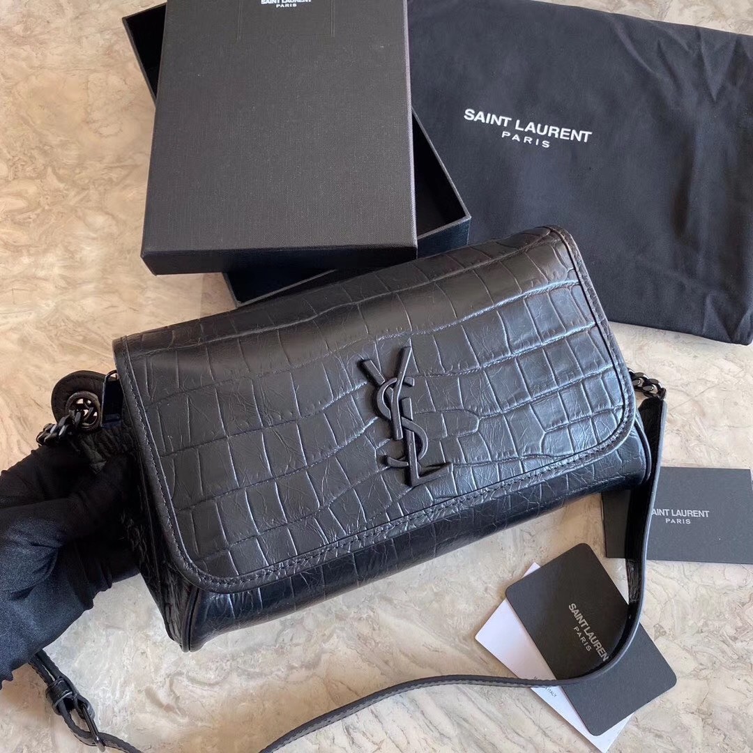 Sa**t Lau*nt niki body bag in black croco-embossed leather