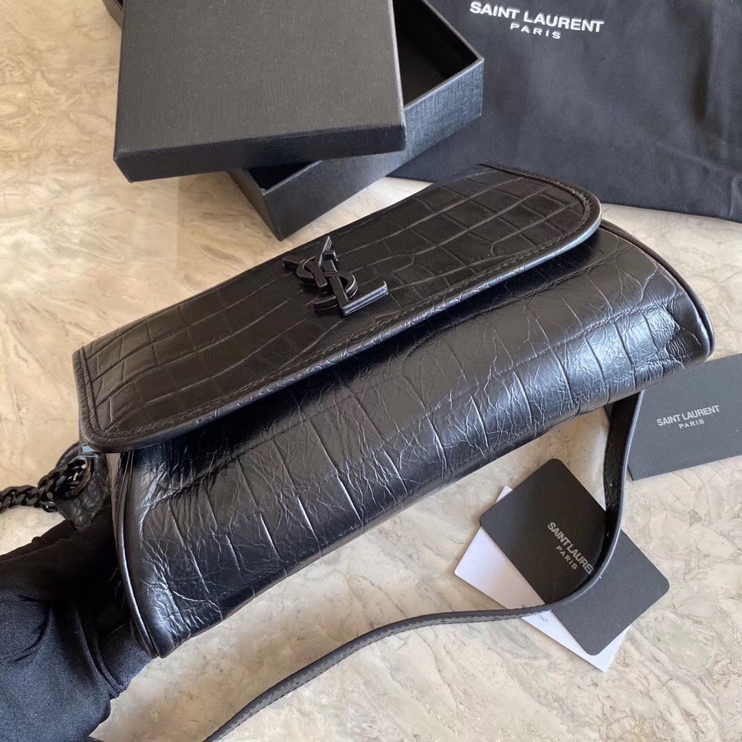 Sa**t Lau*nt niki body bag in black croco-embossed leather