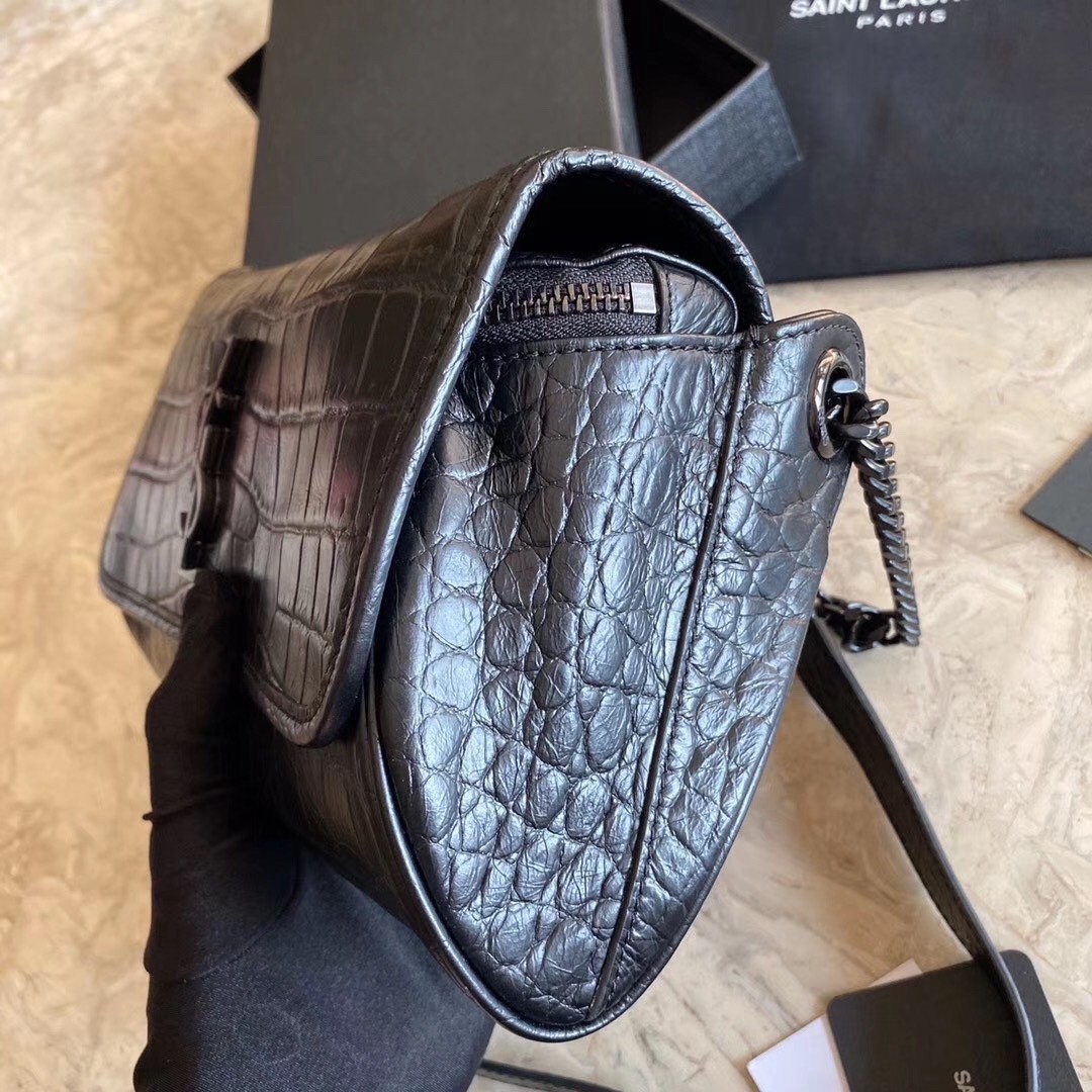 Sa**t Lau*nt niki body bag in black croco-embossed leather
