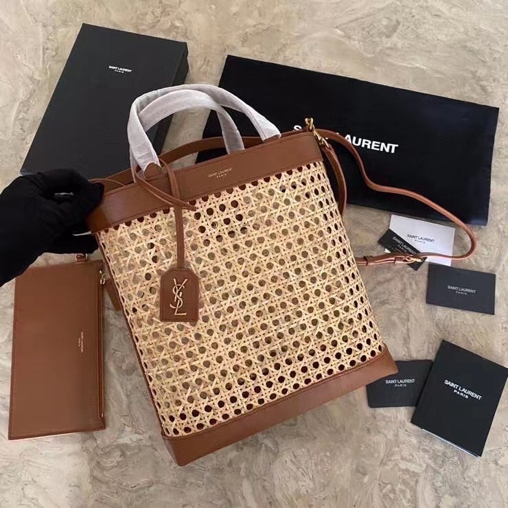 Sa**t Lau*nt n/s toy shopping bag in woven cane and leather