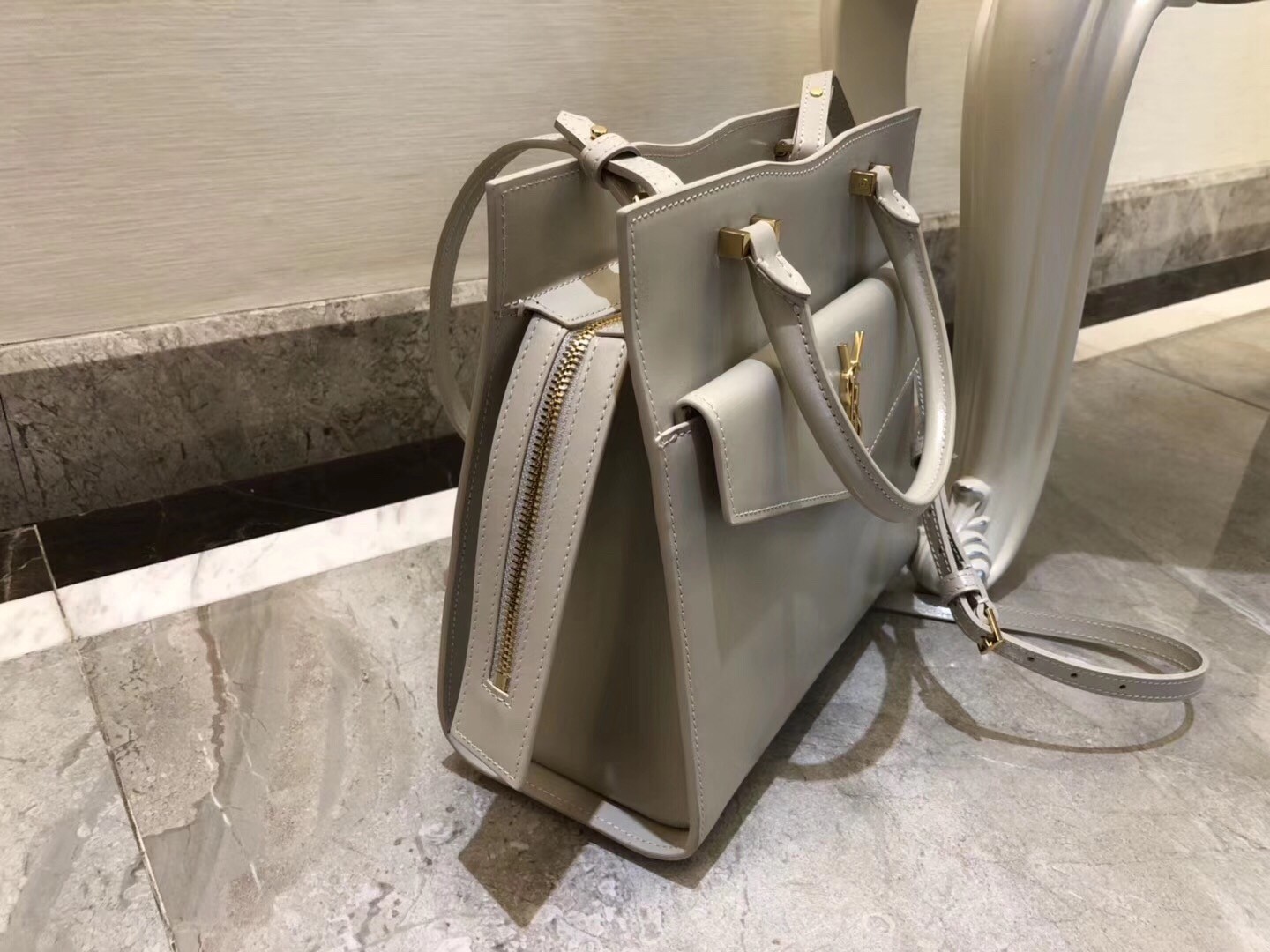 Sa**t Lau*nt small uptown tote in blanc calfskin
