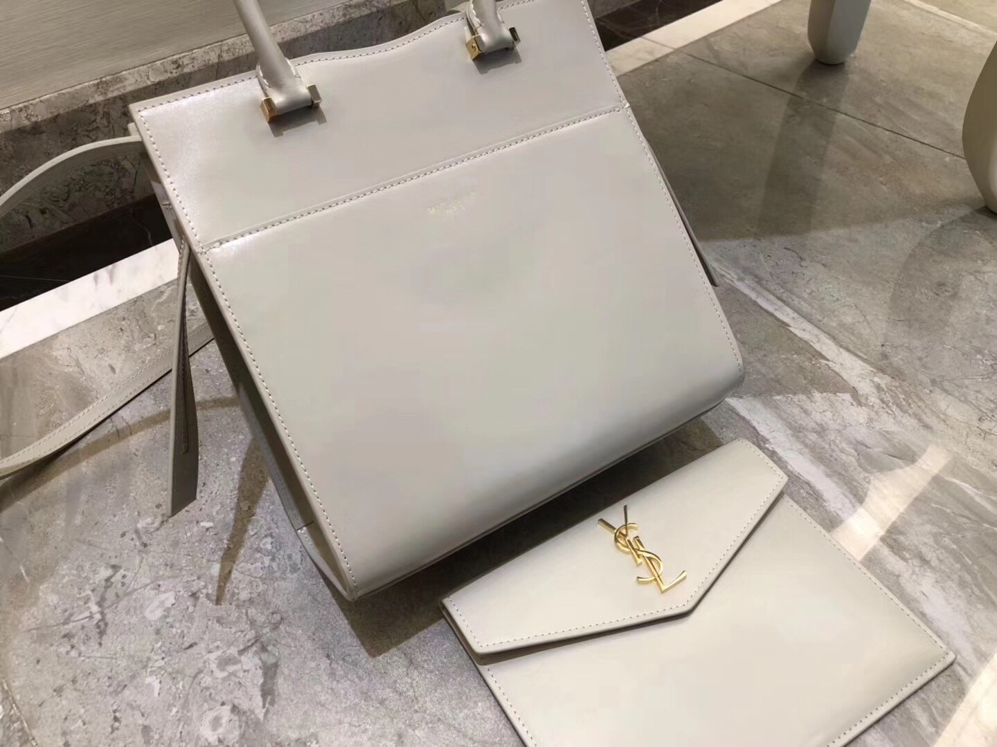 Sa**t Lau*nt small uptown tote in blanc calfskin