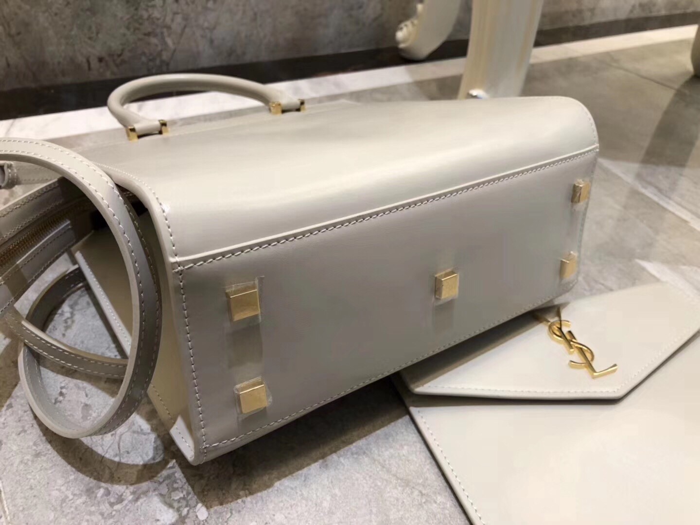 Sa**t Lau*nt small uptown tote in blanc calfskin