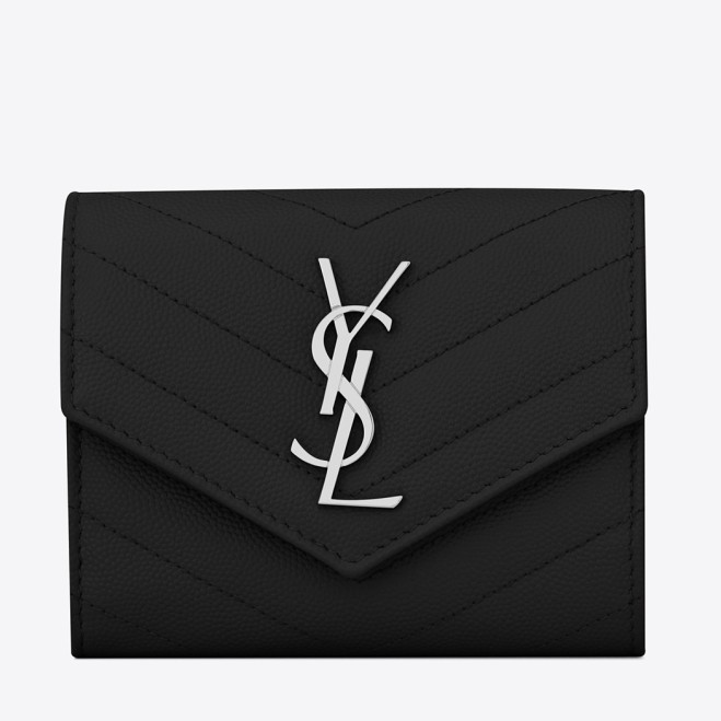 Sa**t Lau*nt compact tri fold wallet in noir leather