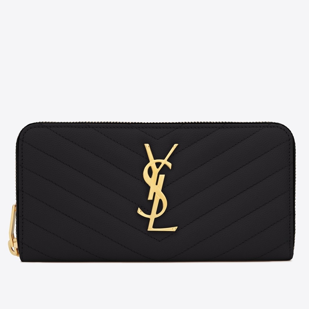 Sa**t Lau*nt monogram zip around wallet in black grained leather