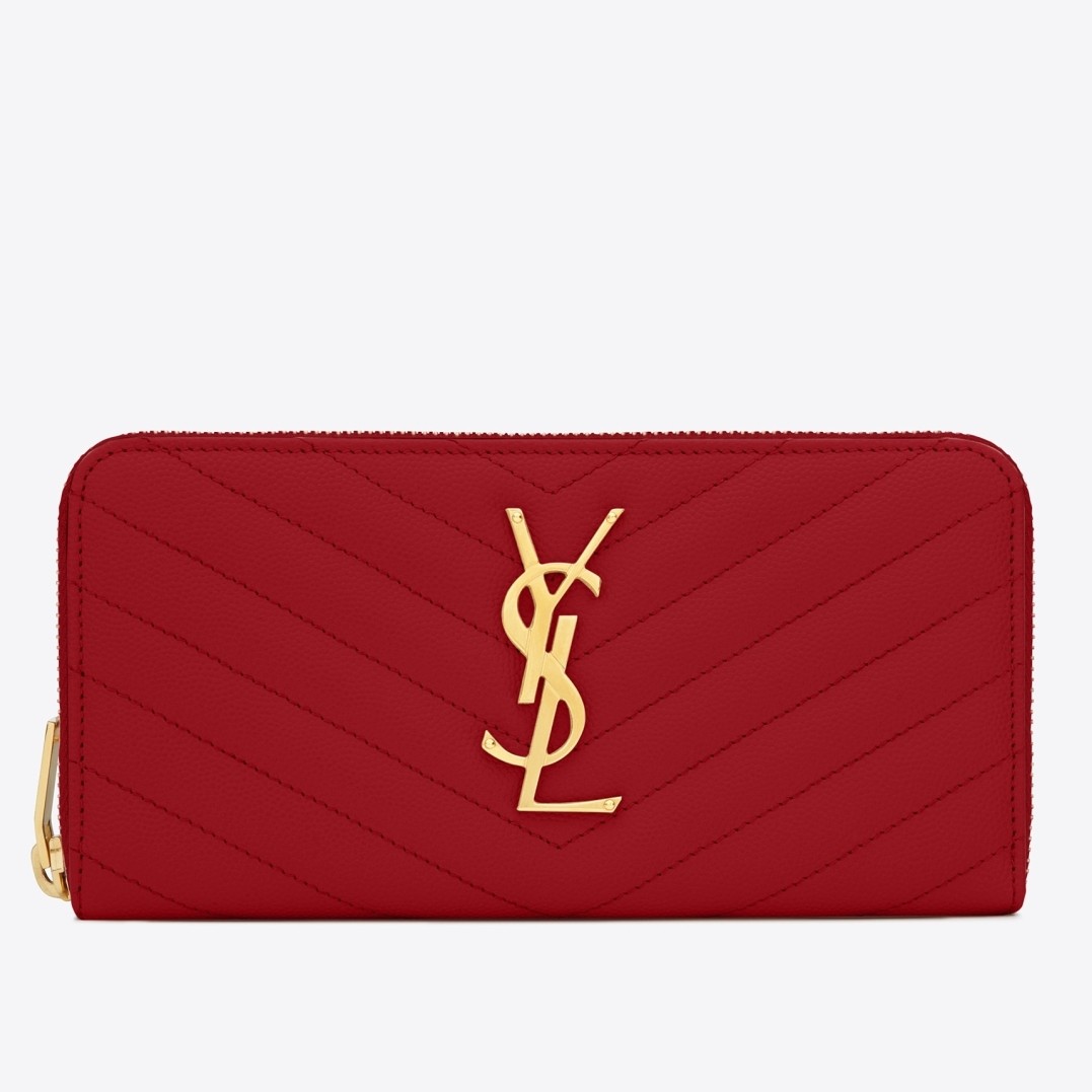 Sa**t Lau*nt monogram zip around wallet in red grained leather